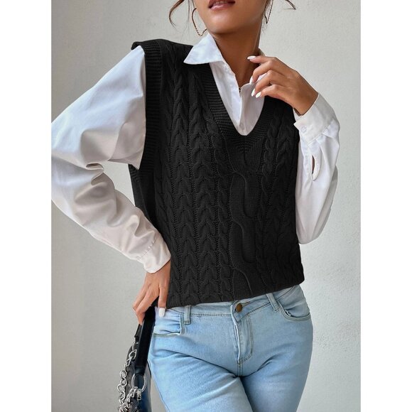 WILA Sweaters - Black Cable Knit Sweater Vest Layered Look (vest only on shirt) Minimalist